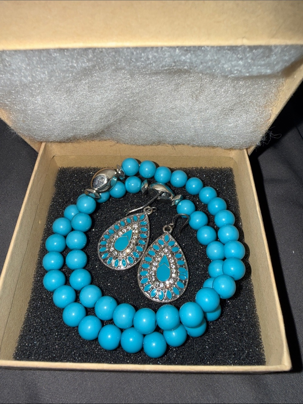 Turquoise Colored Bead Necklace with Teardrop Earrings - Women's Jewelry